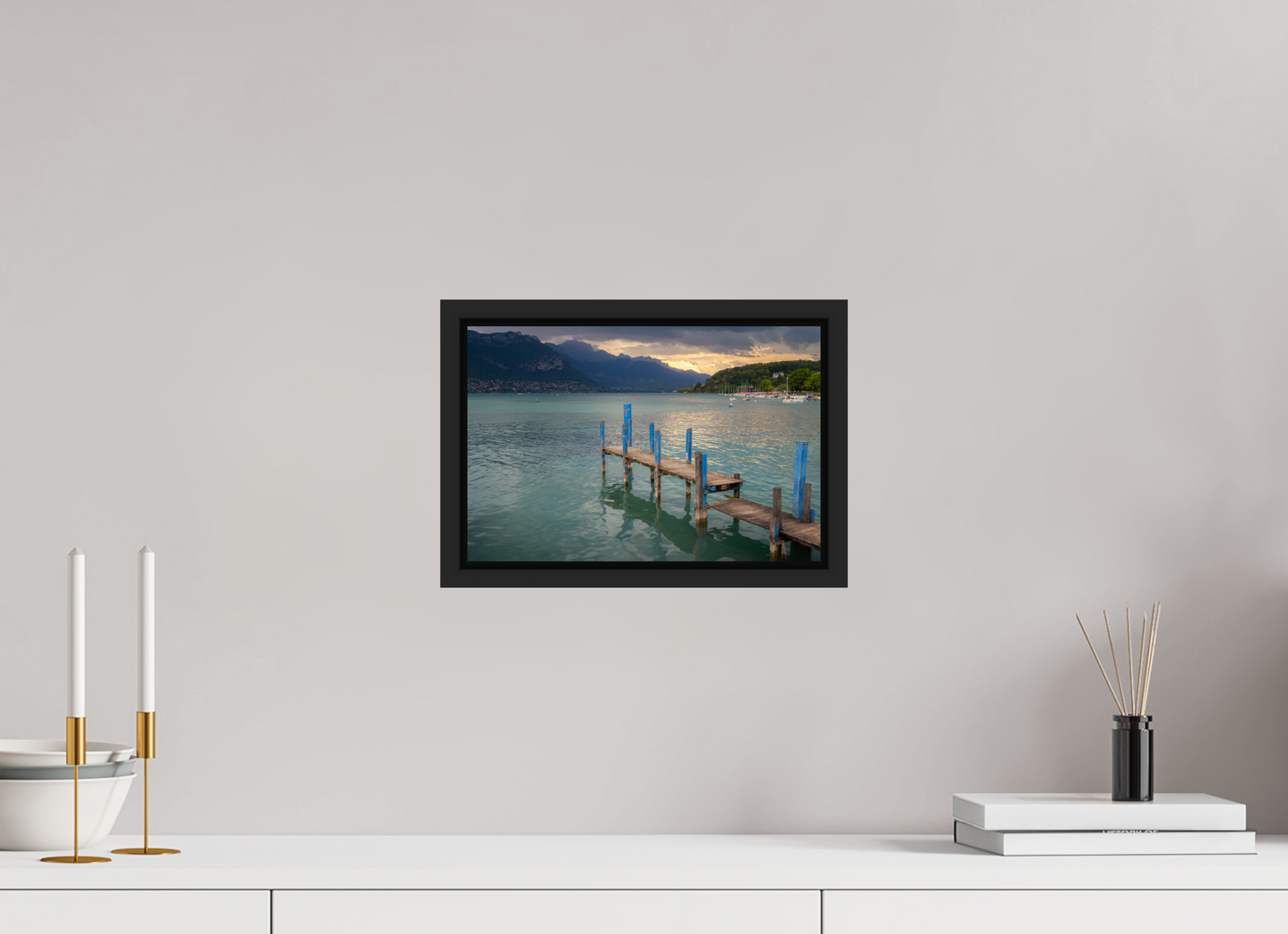 12 x 8″, ChromaLuxe HD Metal Print with Black Wood Floater Frame Thunderstorm over Lake Annecy