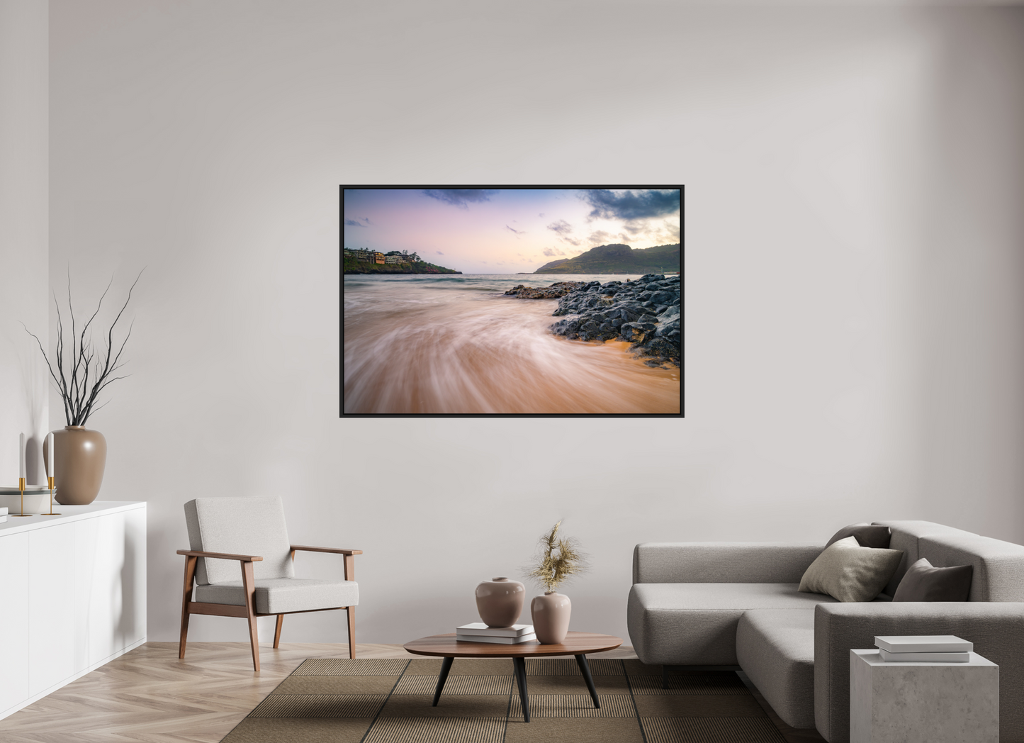 66 x 44″, ChromaLuxe HD Metal Print with Black Wood Floater Frame Waves Retreating