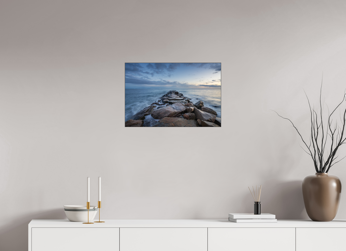 24 x 16″, Photo Print under Acrylic Glass with Black Slimline Case Roger Wheeler State Beach at Blue Hour