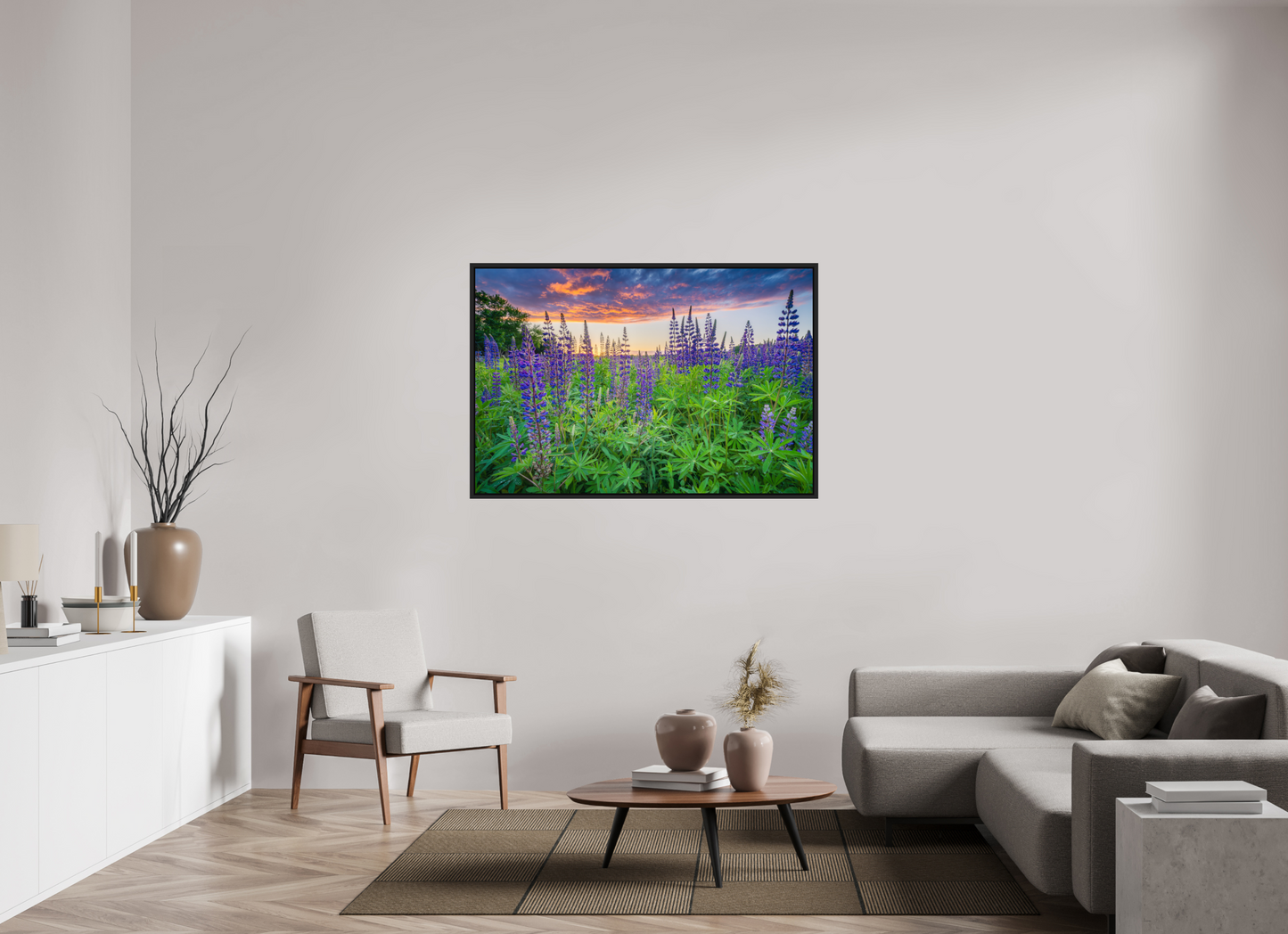 54 x 36″, Premium Photo Print under Acrylic Glass with Black Wood Floater Frame Lupine Sunset