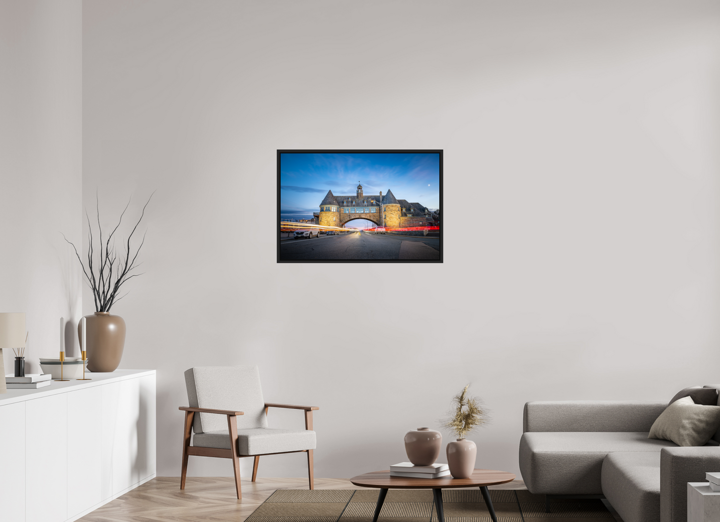 36 x 24″, Photo Print under Acrylic Glass with Black Wood Floater Frame Narragansett Towers and Light Trails