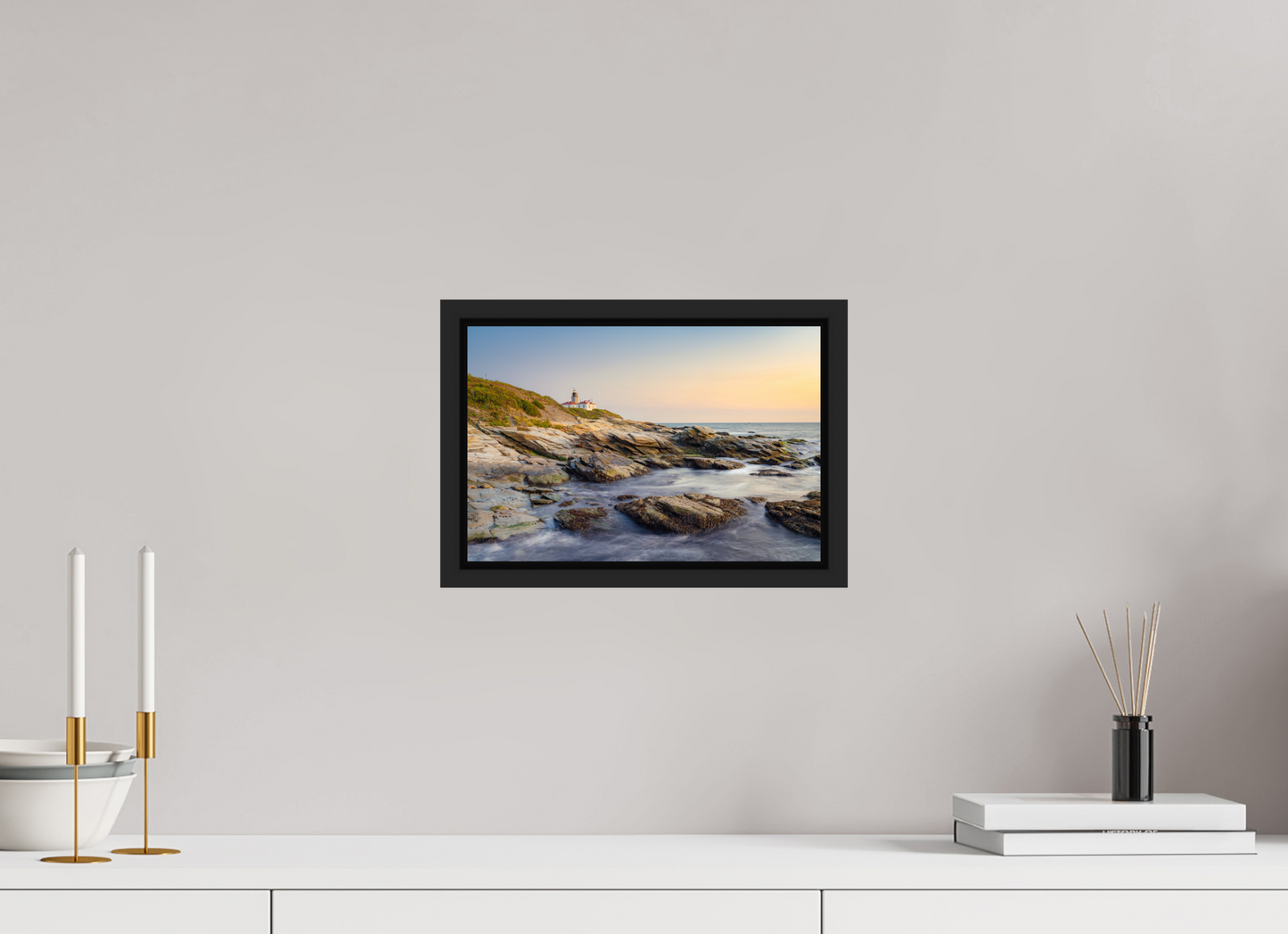 12 x 8″, ChromaLuxe HD Metal Print with Black Wood Floater Frame Beavertail Lighthouse