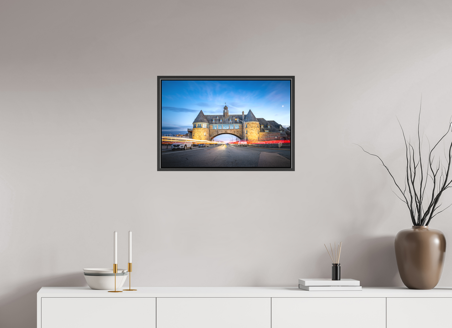24 x 16″, Matte Canvas Print with Black Wood Floater Frame Narragansett Towers and Light Trails