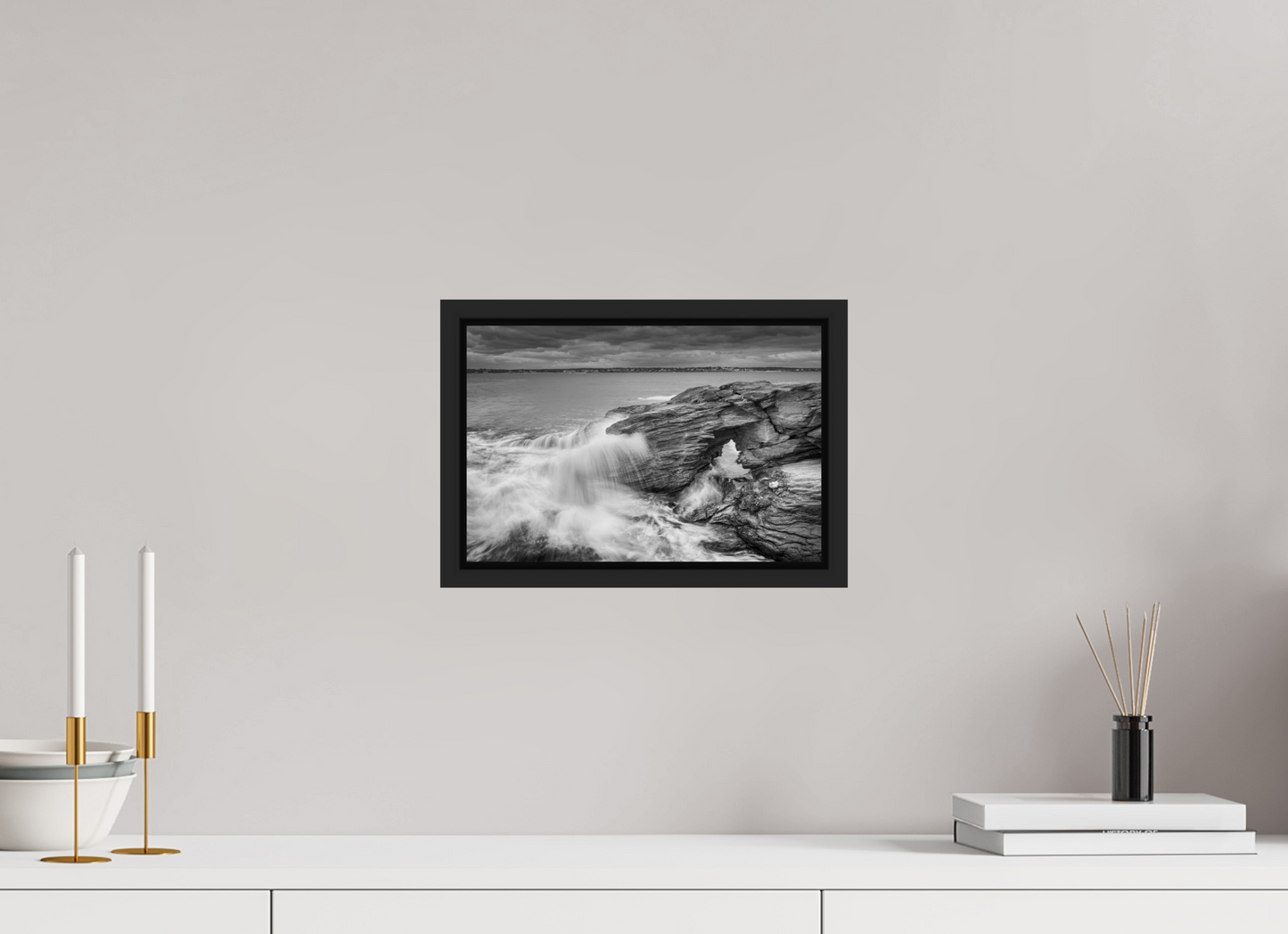 12 x 8″, Photo Print under Acrylic Glass with Black Wood Floater Frame Waves Over Arches