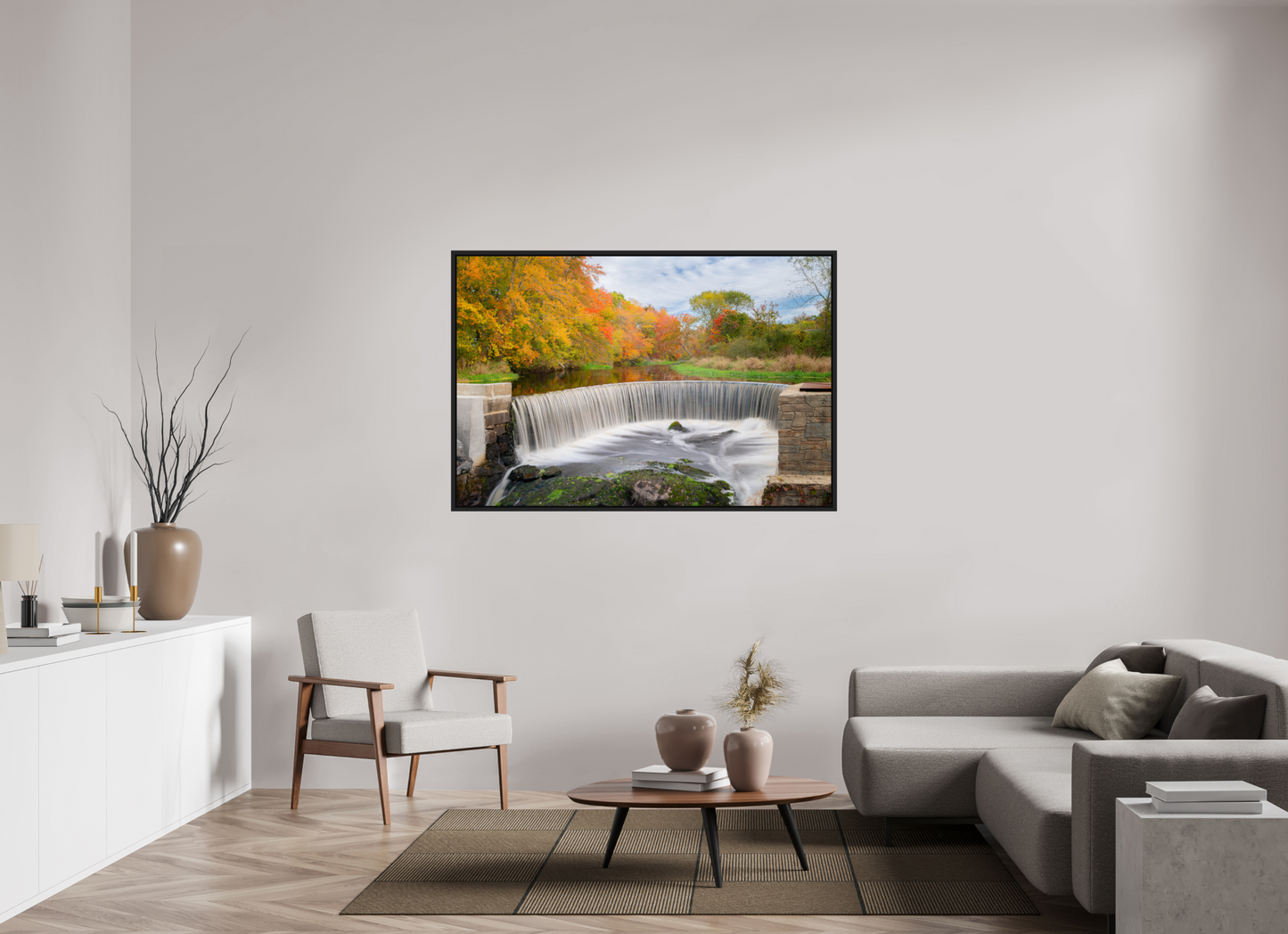 60 x 40″, ChromaLuxe HD Metal Print with Black Wood Floater Frame Autumn at Horseshoe Falls