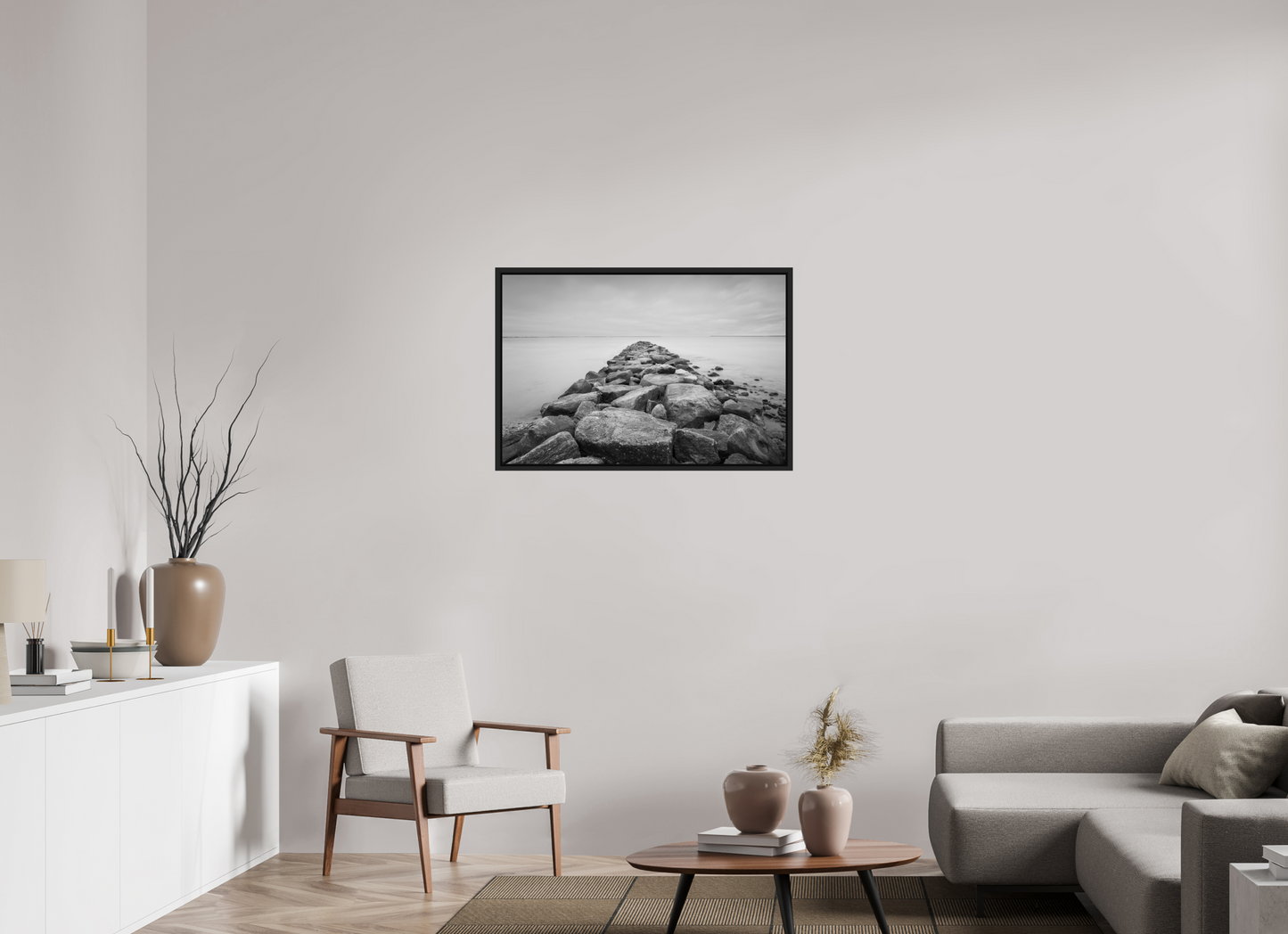 36 x 24″, ChromaLuxe HD Metal Print with Black Wood Floater Frame Sand Hill Cove Rocks