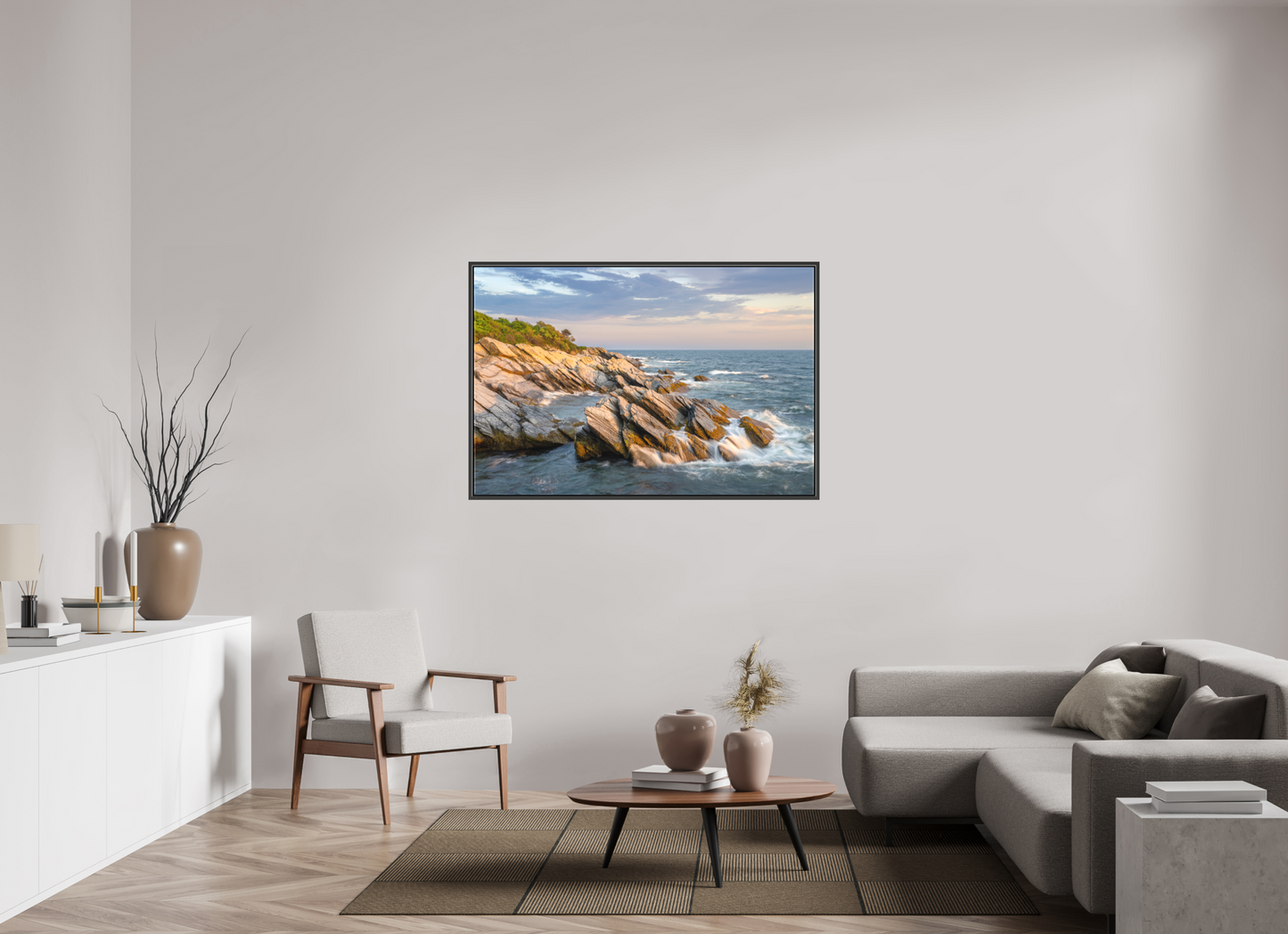54 x 36″, Matte Canvas Print with Black Wood Floater Frame Beavertail Cliffs Approaching Sunset