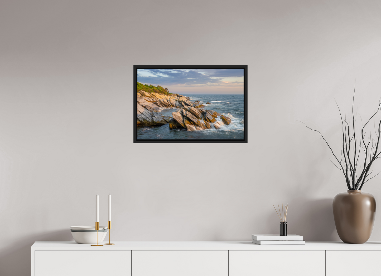 24 x 16″, Premium Photo Print under Acrylic Glass with Black Wood Floater Frame Beavertail Cliffs Approaching Sunset
