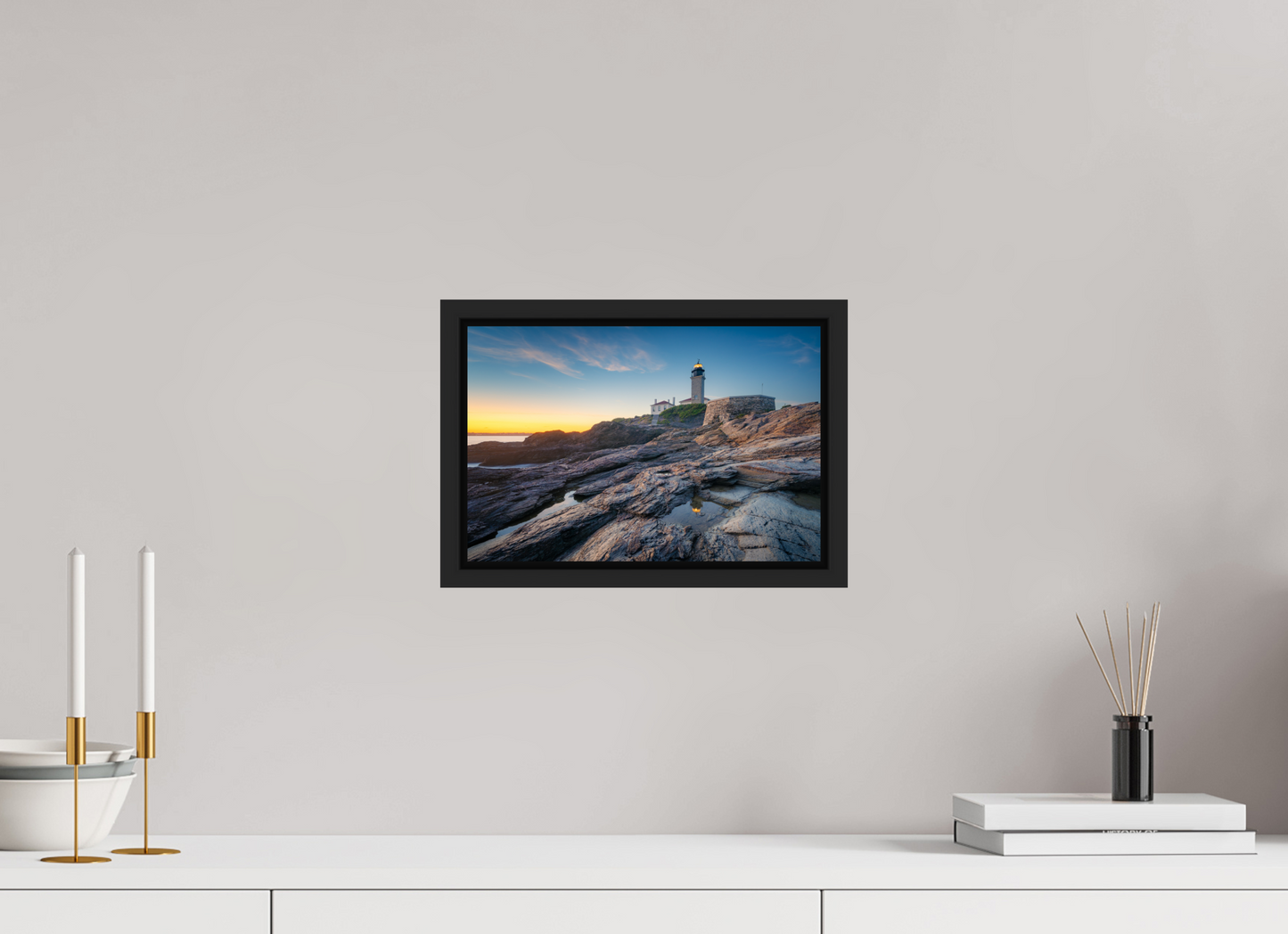 12 x 8″, Premium ChromaLuxe HD Aluminum Metal Print with Black Wood Floater Frame Beavertail Lighthouse Tide Pool Reflection