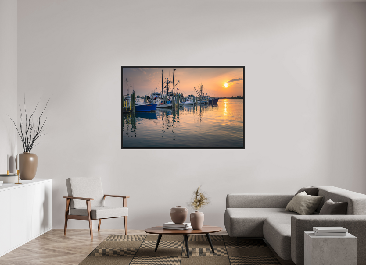 66 x 44″, Premium ChromaLuxe HD Aluminum Metal Print with Black Wood Floater Frame Boats at Sunset