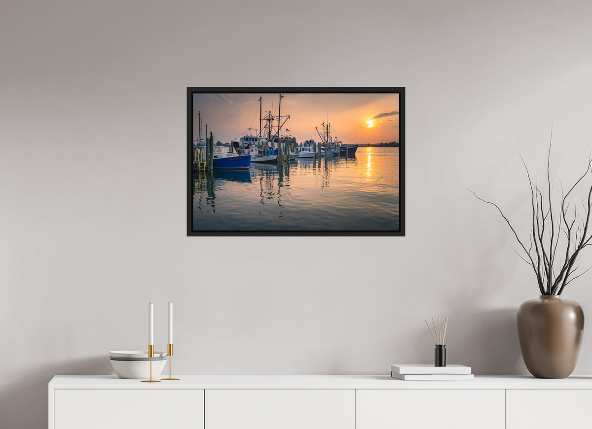 30 x 20″, Premium ChromaLuxe HD Aluminum Metal Print with Black Wood Floater Frame Boats at Sunset