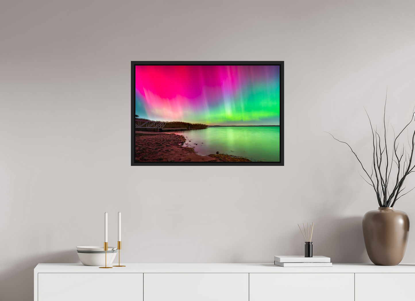 30 x 20″, ChromaLuxe HD Metal Print with Black Wood Floater Frame Aurora Borealis Over Wordens Pond