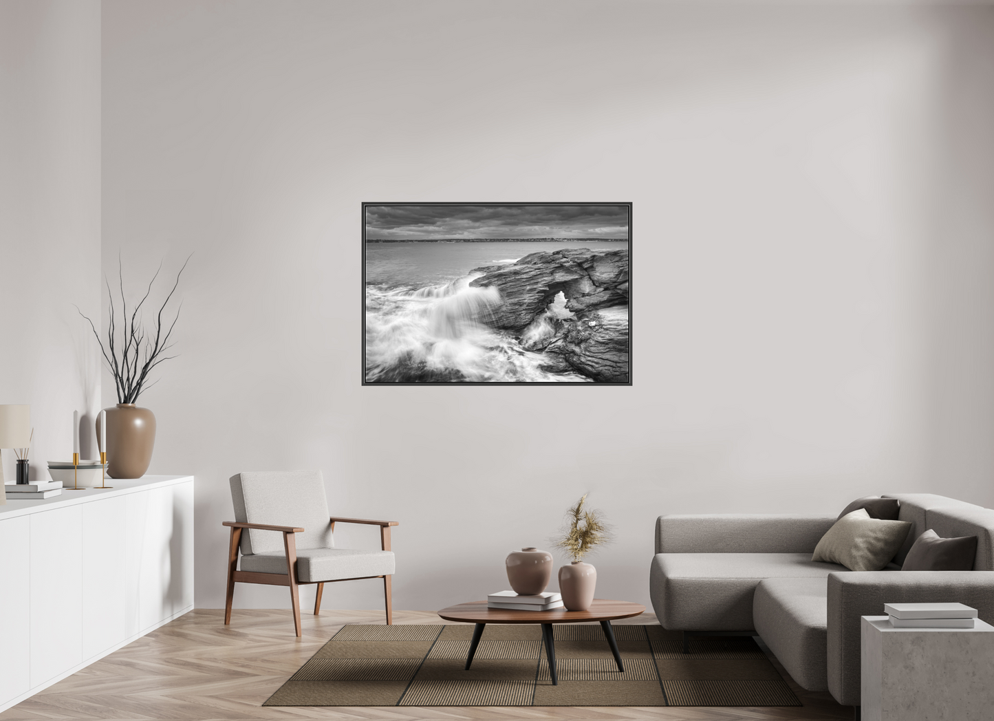 54 x 36″, Matte Canvas Print with Black Wood Floater Frame Waves Over Arches