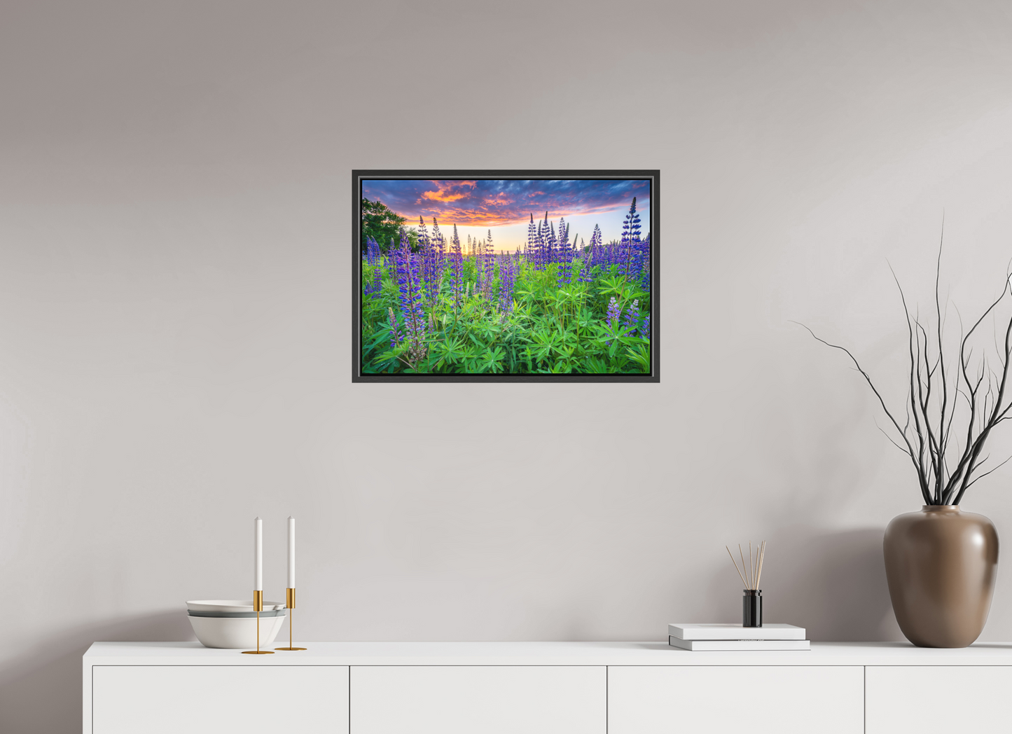 24 x 16″, Matte Canvas Print with Black Wood Floater Frame Lupine Sunset