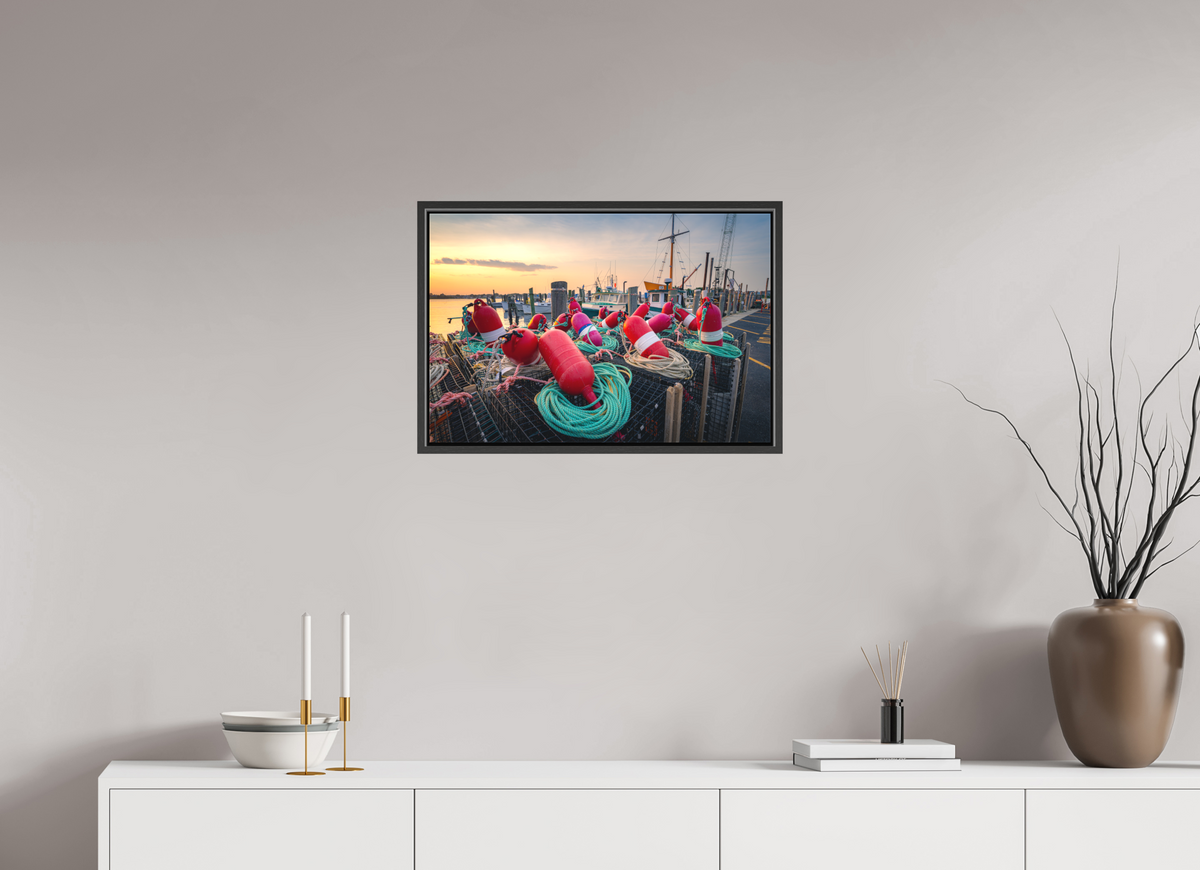24 x 16″, Matte Canvas Print with Black Wood Floater Frame Buoys, Boats, and Lobster Pots