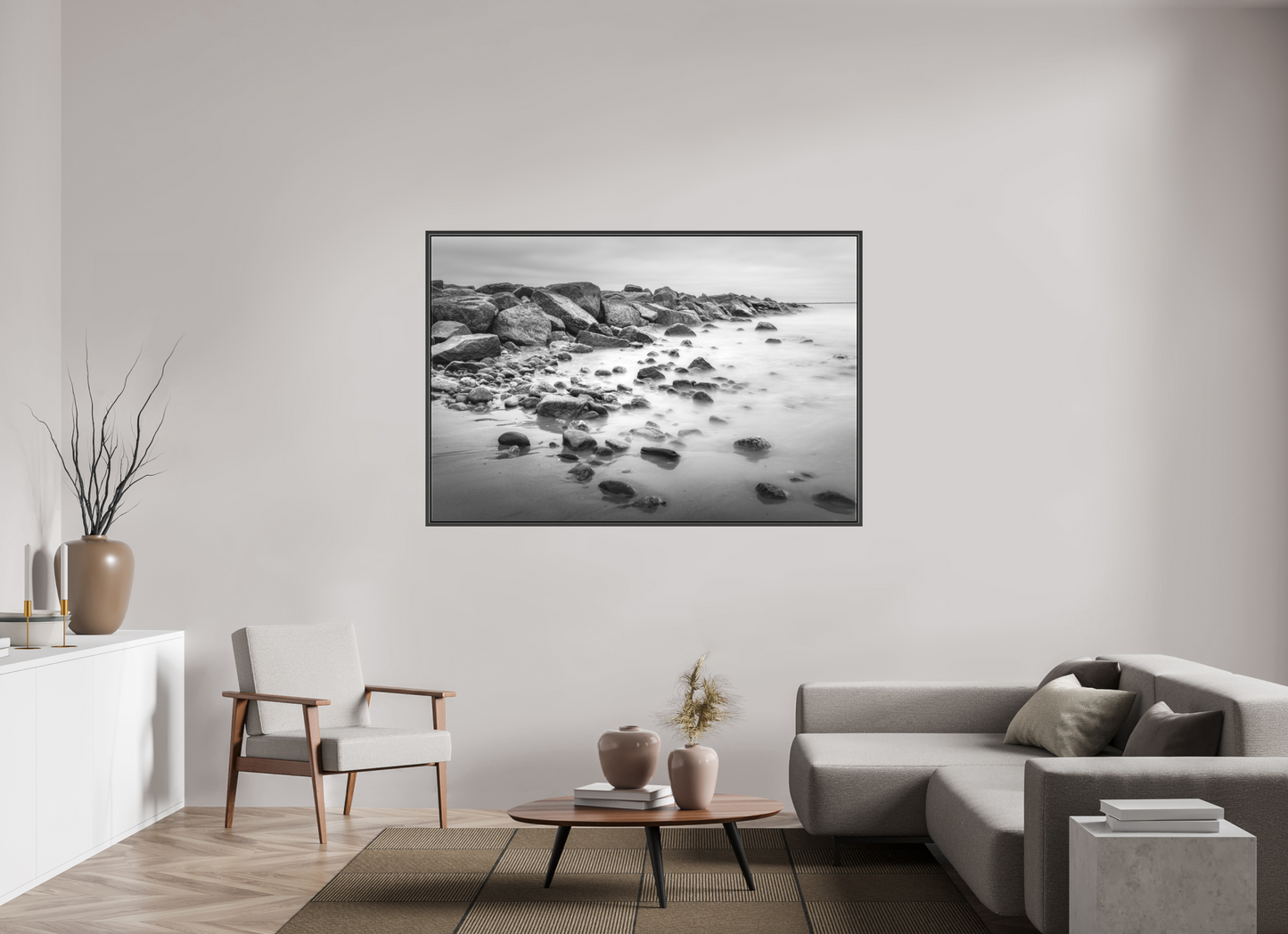 66 x 44″, Matte Canvas Print with Black Wood Floater Frame Overcast Morning at Sand Hill Cove