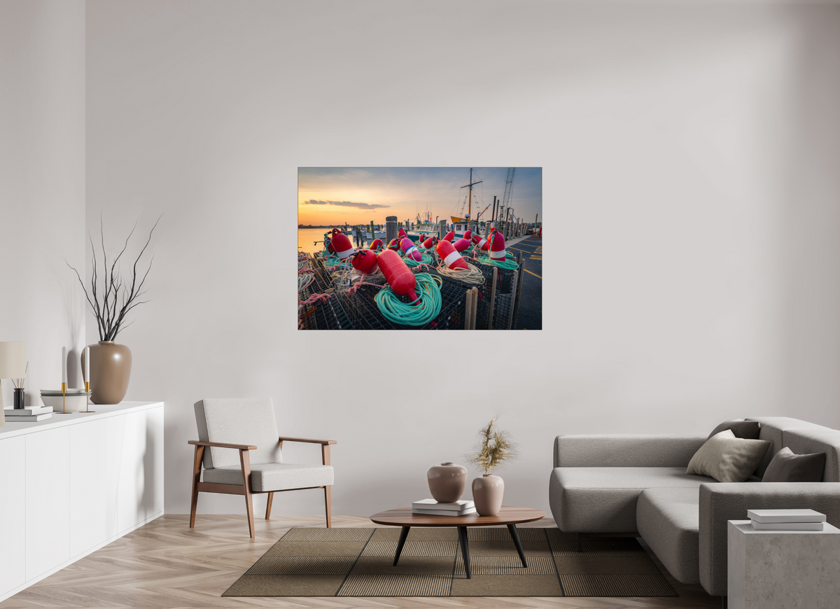 60 x 40″, Premium Photo Print under Acrylic Glass with Black Slimline Case Buoys, Boats, and Lobster Pots