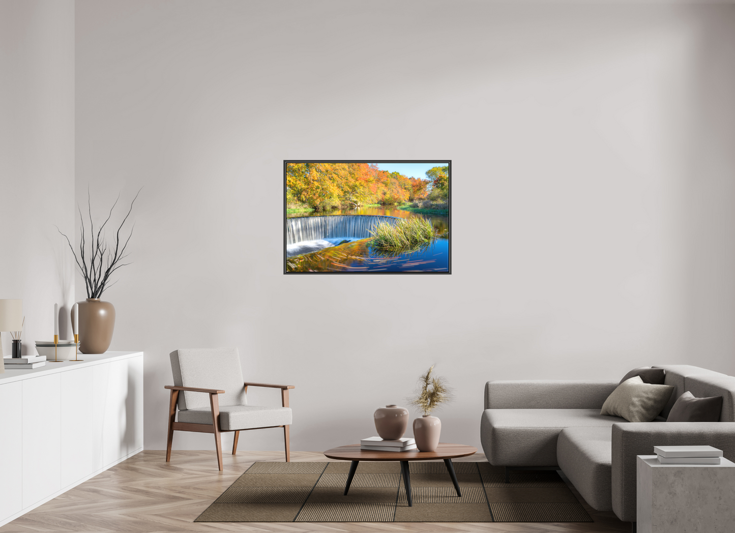 45 x 30″, Matte Canvas Print with Black Wood Floater Frame Peak Fall Colors Over Horseshoe Falls