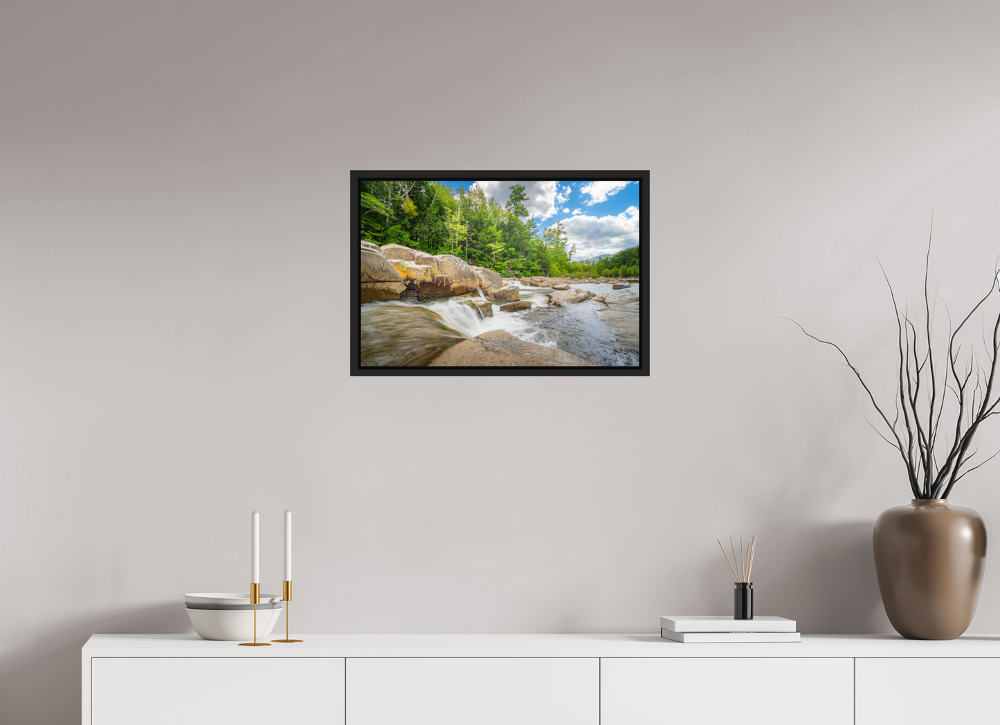 24 x 16″, ChromaLuxe HD Metal Print with Black Wood Floater Frame Over the Falls