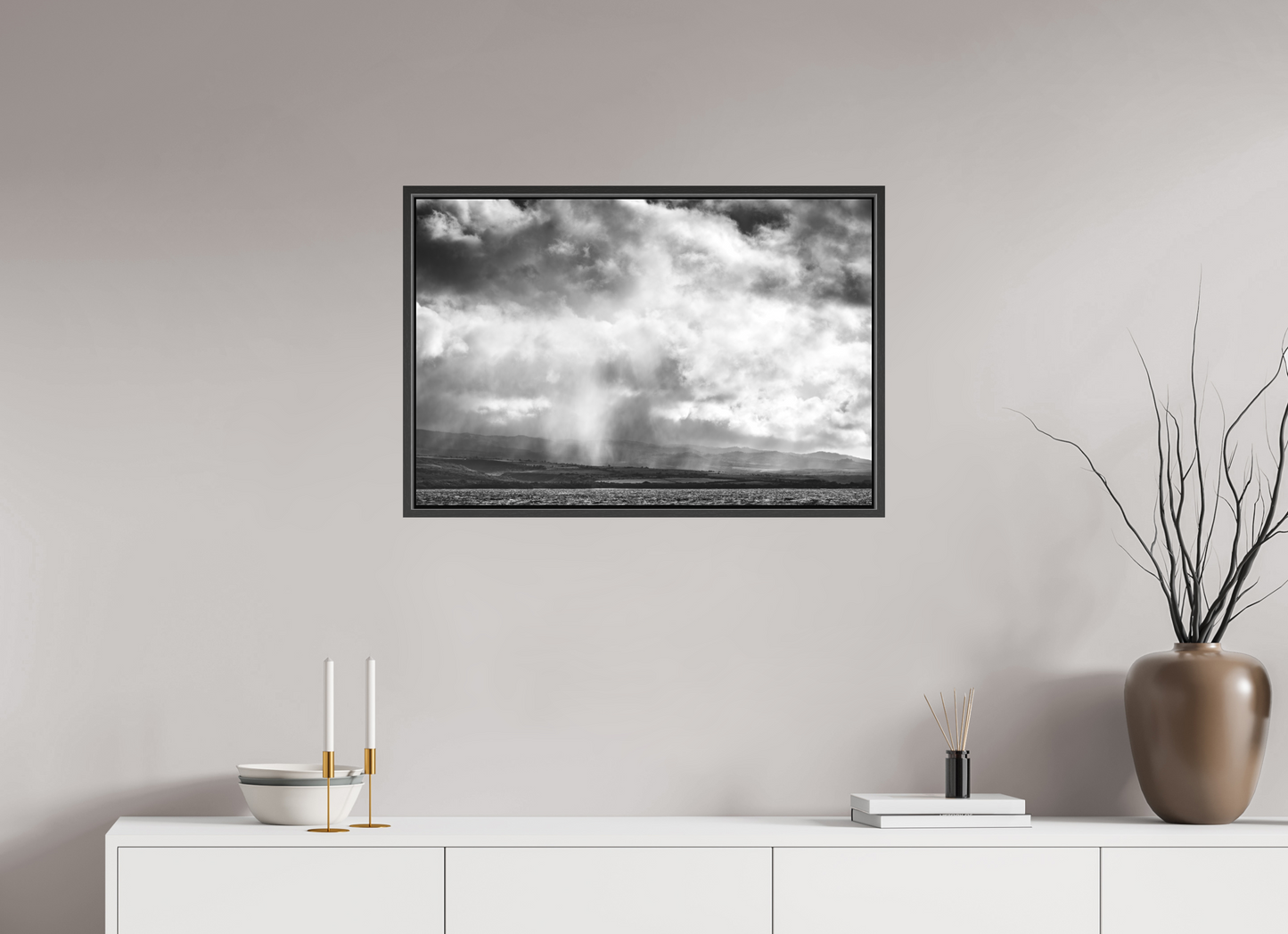 30 x 20″, Matte Canvas Print with Black Wood Floater Frame Rain Showers Along the Napali Coast