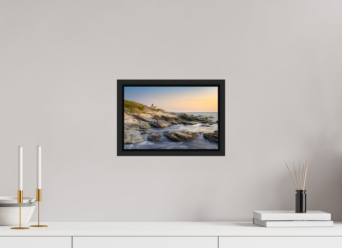 12 x 8″, Premium ChromaLuxe HD Aluminum Metal Print with Black Wood Floater Frame Quiet Sunset at Beavertail Lighthouse