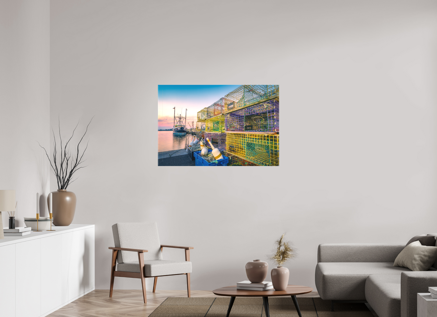 45 x 30″, Matte Canvas Print A Wall of Colorful Lobster Pots