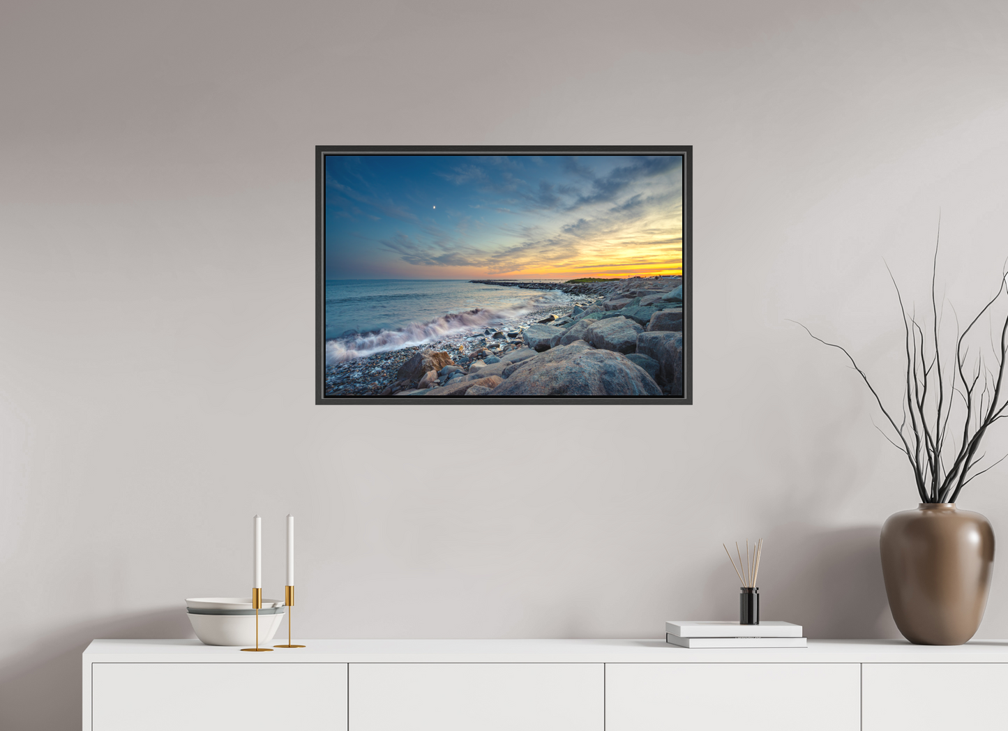 30 x 20″, Matte Canvas Print with Black Wood Floater Frame Sunset at Camp Cronin