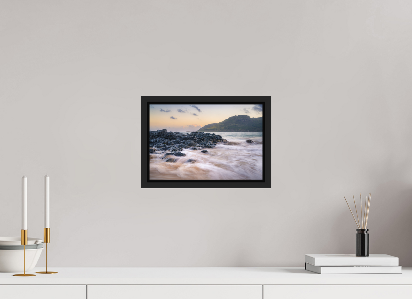12 x 8″, ChromaLuxe HD Metal Print with Black Wood Floater Frame Lihue Sunset