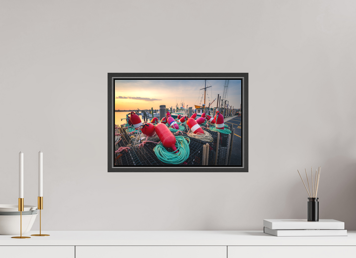 15 x 10″, Matte Canvas Print with Black Wood Floater Frame Buoys, Boats, and Lobster Pots