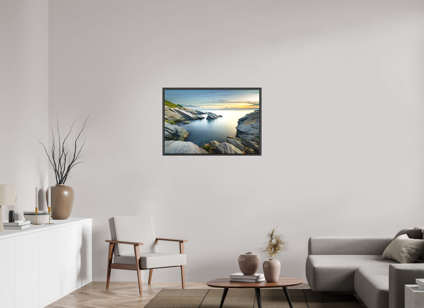 36 x 24″, Matte Canvas Print with Black Wood Floater Frame Sunset and Solitude