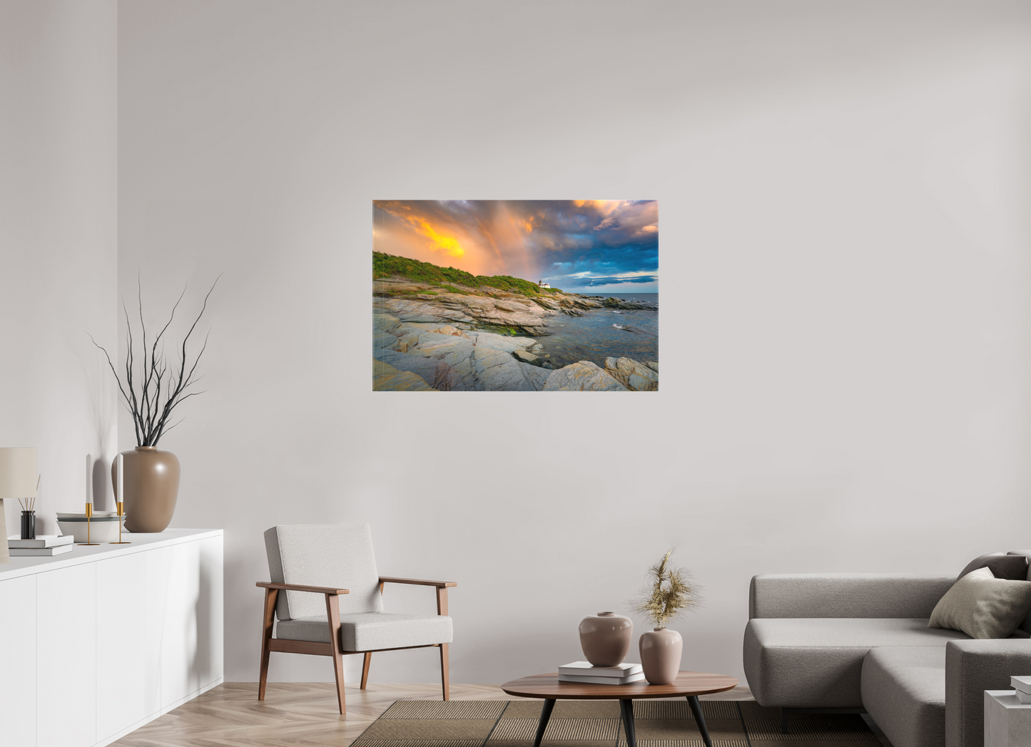 45 x 30″, Matte Canvas Print Rainbow Over Beavertail Lighthouse