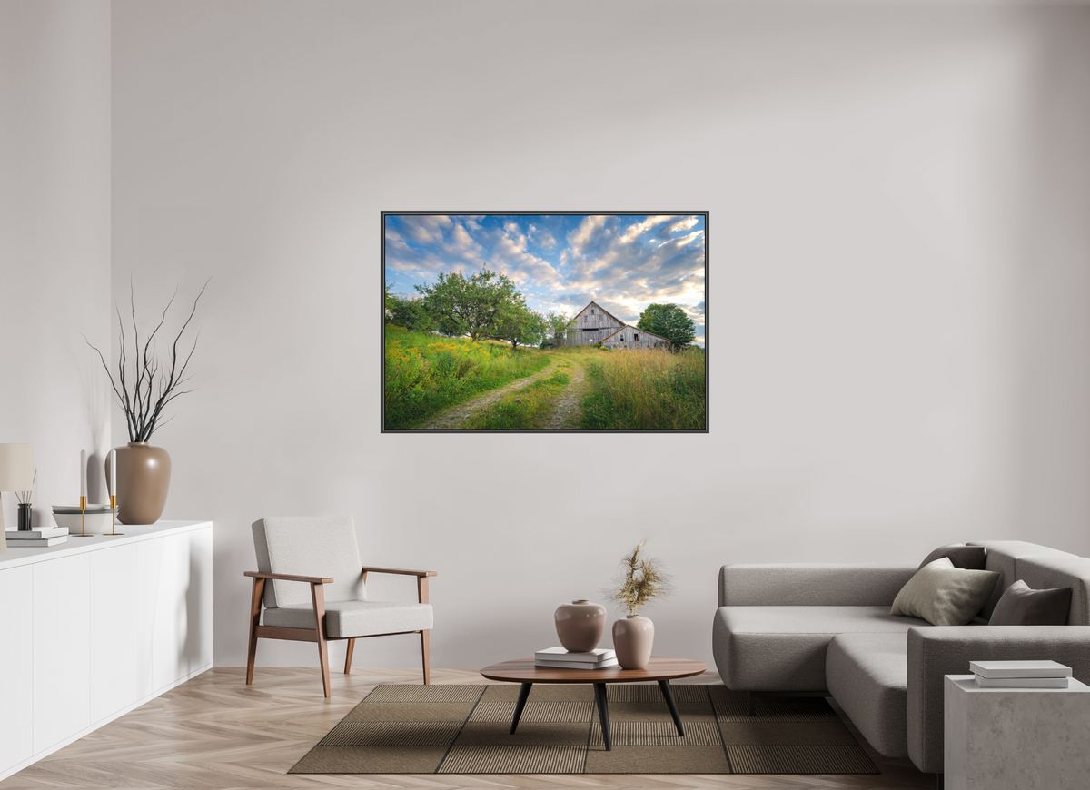 60 x 40″, Matte Canvas Print with Black Wood Floater Frame Countryside Barn
