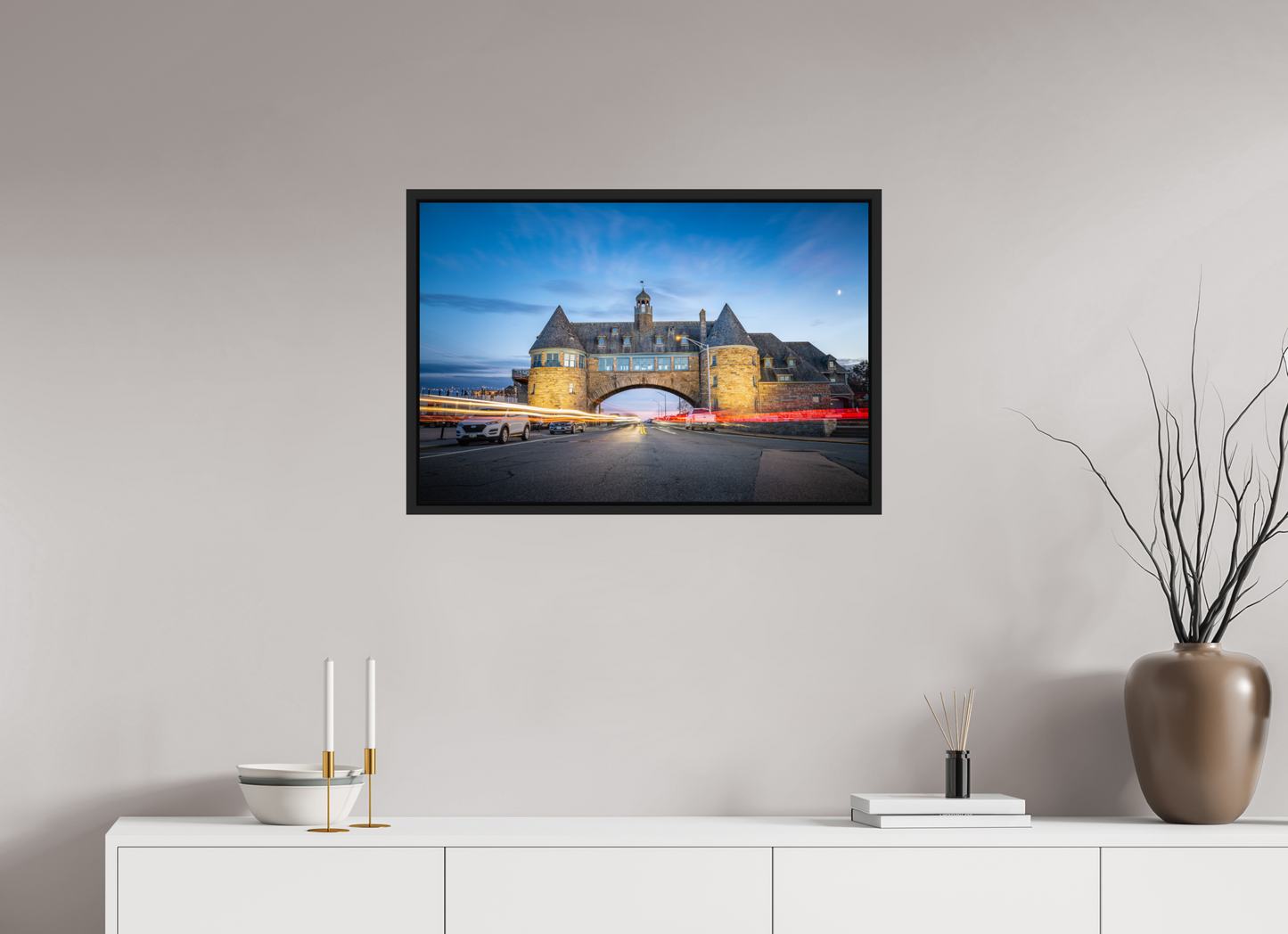 30 x 20″, Photo Print under Acrylic Glass with Black Wood Floater Frame Narragansett Towers and Light Trails