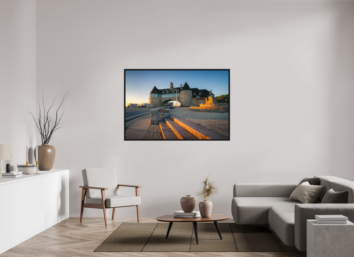 60 x 40″, Premium Photo Print under Acrylic Glass with Black Wood Floater Frame Golden Sunrise at The Towers