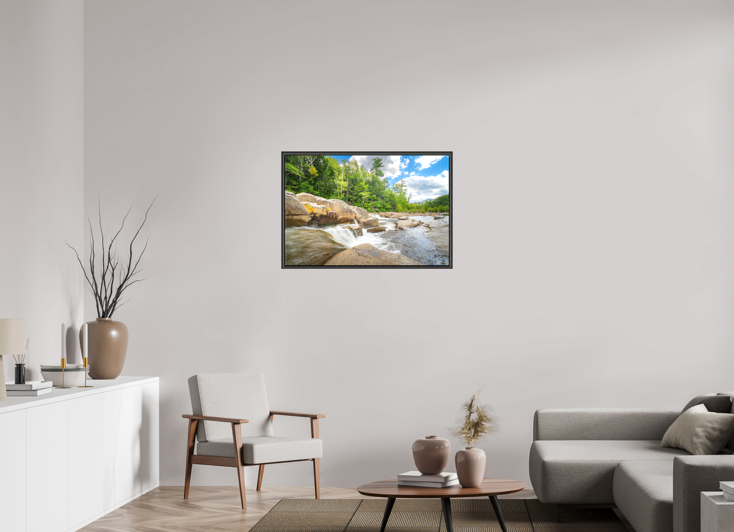 36 x 24″, Matte Canvas Print with Black Wood Floater Frame Over the Falls