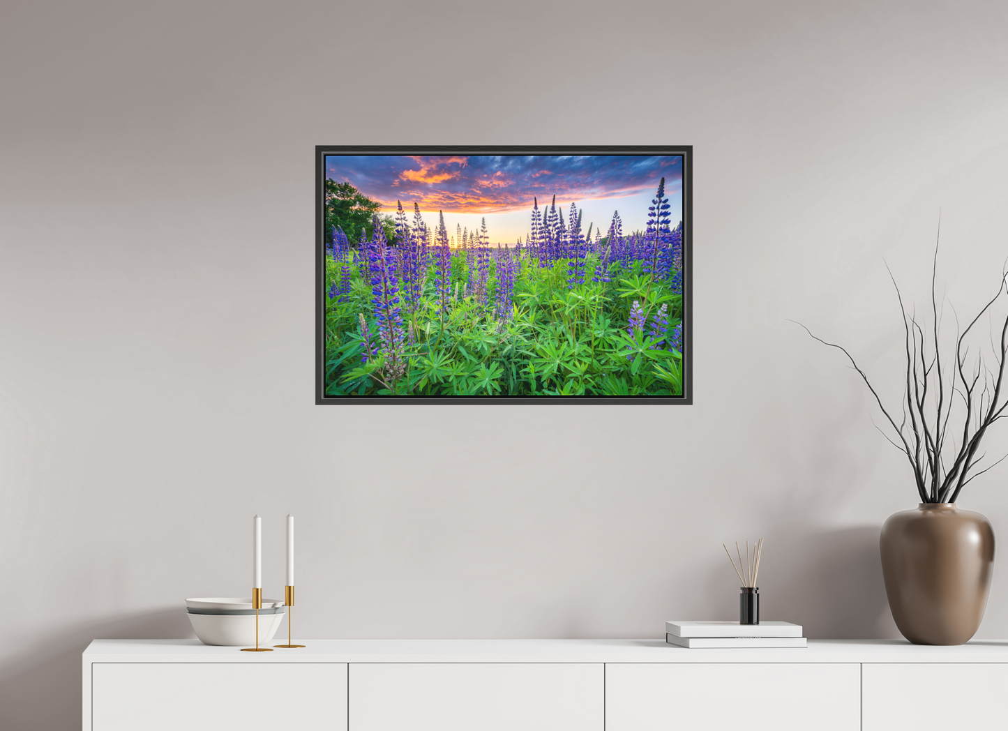 30 x 20″, Matte Canvas Print with Black Wood Floater Frame Lupine Sunset