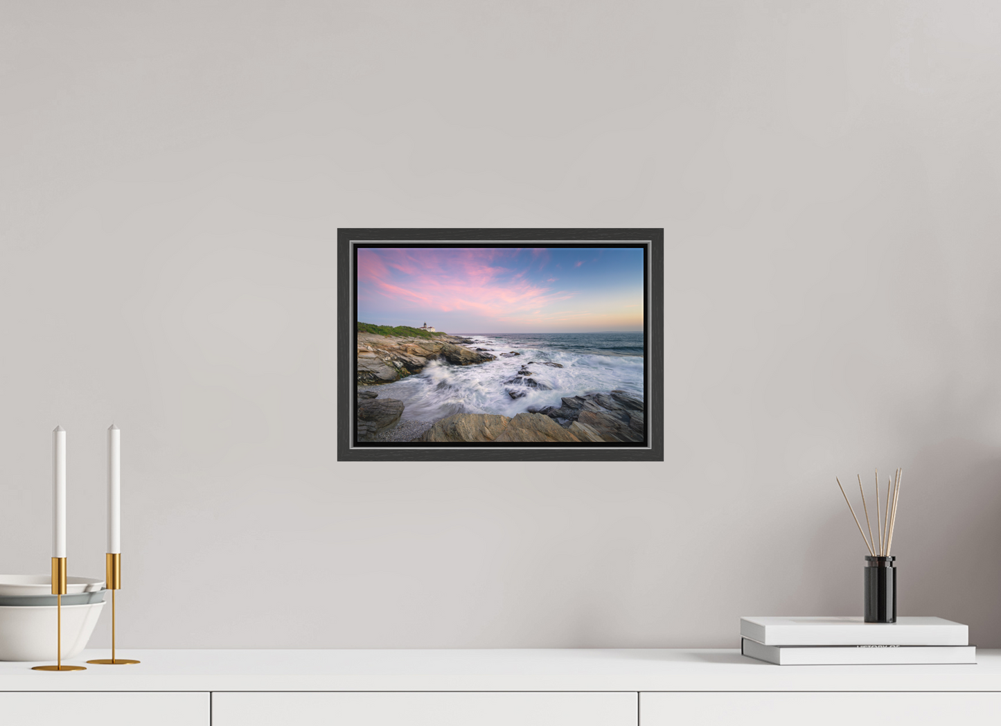 12 x 8″, Matte Canvas Print with Black Wood Floater Frame Rough Seas at Sunset