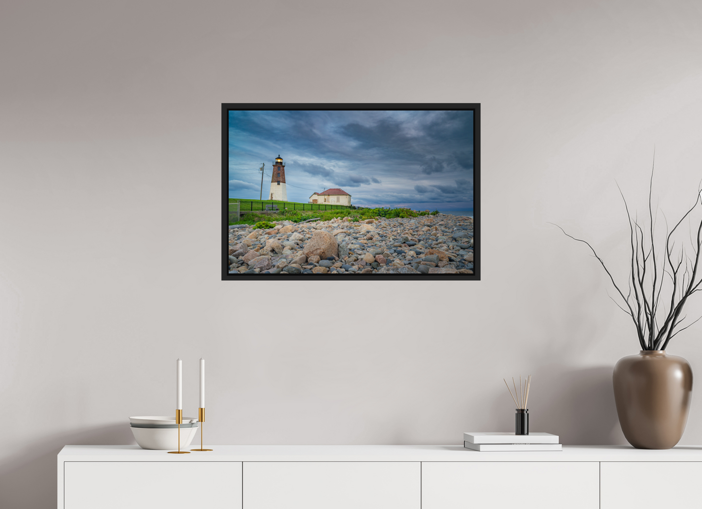 30 x 20″, Photo Print under Acrylic Glass with Black Wood Floater Frame The Point Judith Lighthouse