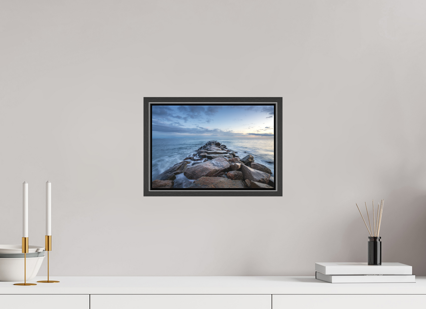 12 x 8″, Matte Canvas Print with Black Wood Floater Frame Roger Wheeler State Beach at Blue Hour