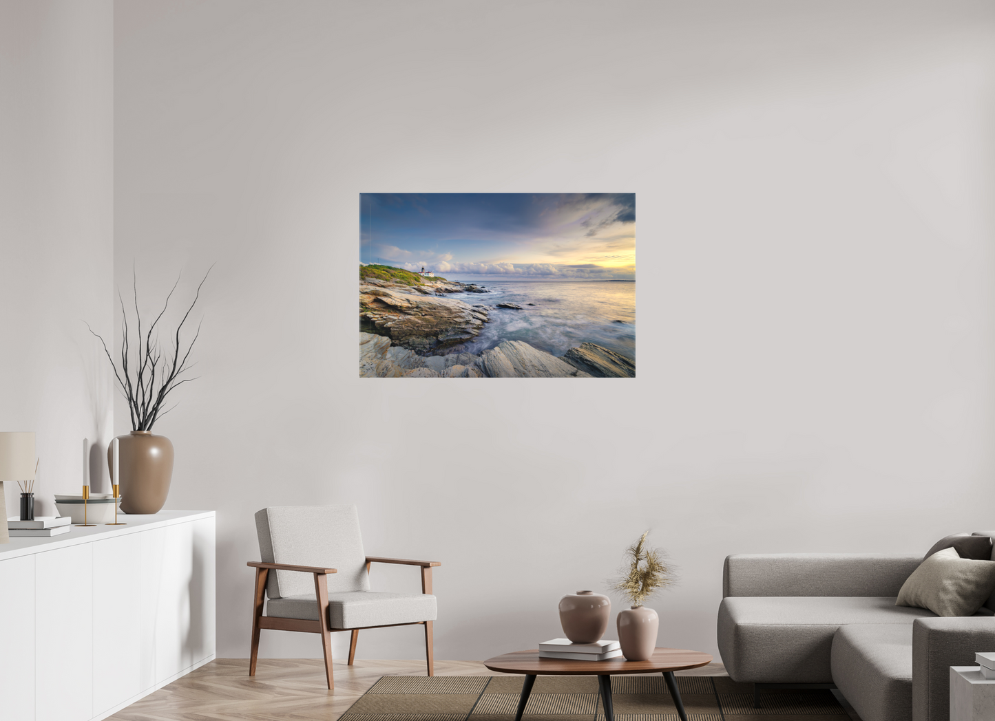 45 x 30″, Matte Canvas Print Twilight at Beavertail Lighthouse