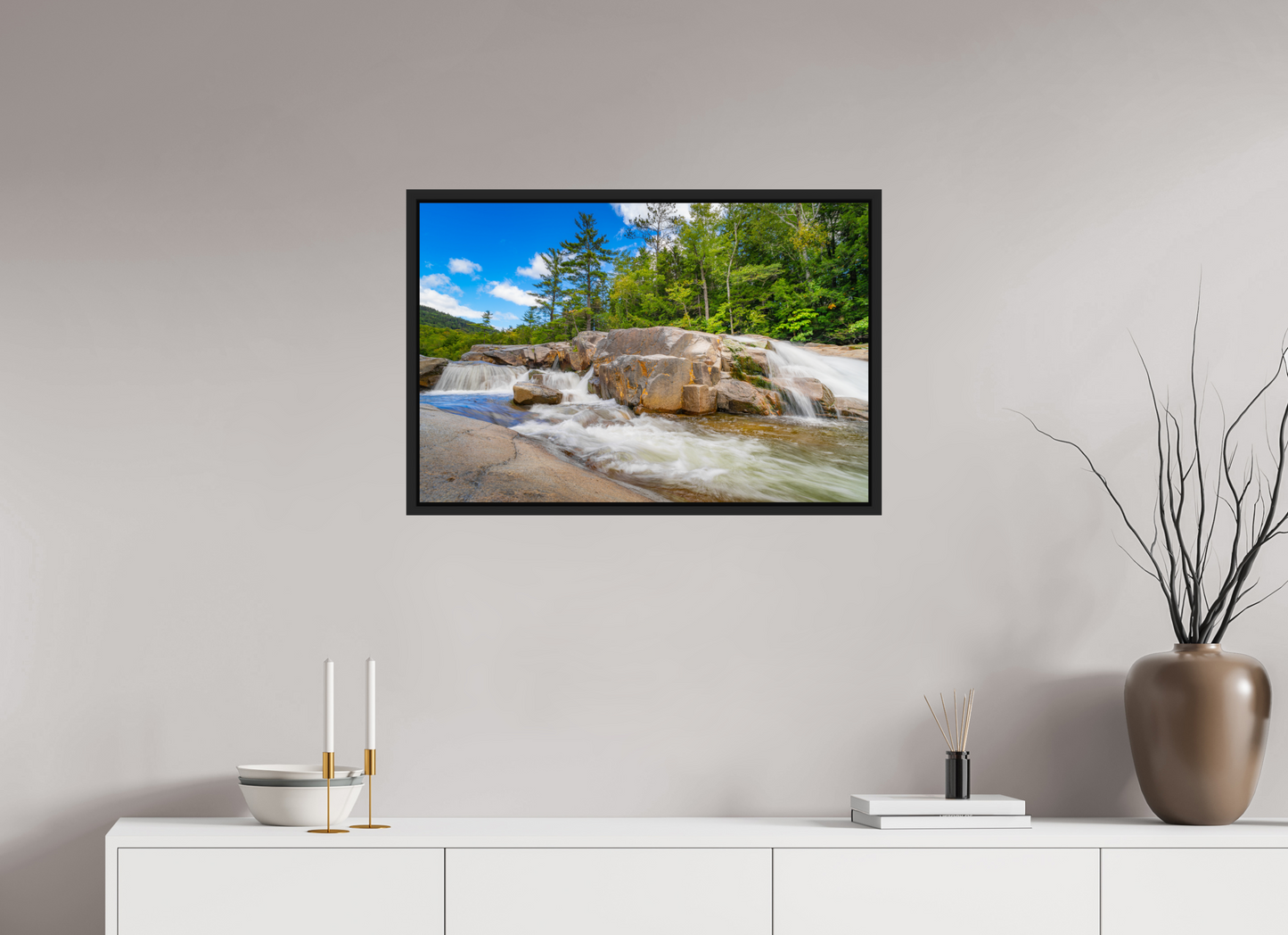 30 x 20″, Photo Print under Acrylic Glass with Black Wood Floater Frame Kancamagus Waterfall