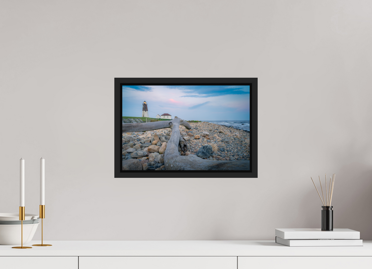 15 x 10″, Premium ChromaLuxe HD Aluminum Metal Print with Black Wood Floater Frame Driftwood at Pt. Judith Lighthouse