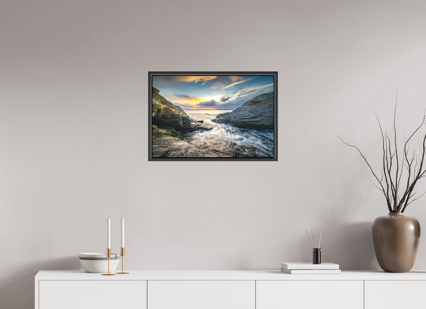 24 x 16″, Matte Canvas Print with Black Wood Floater Frame Vanishing Sun