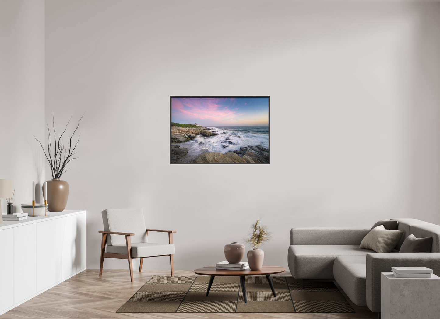 45 x 30″, Matte Canvas Print with Black Wood Floater Frame Rough Seas at Sunset