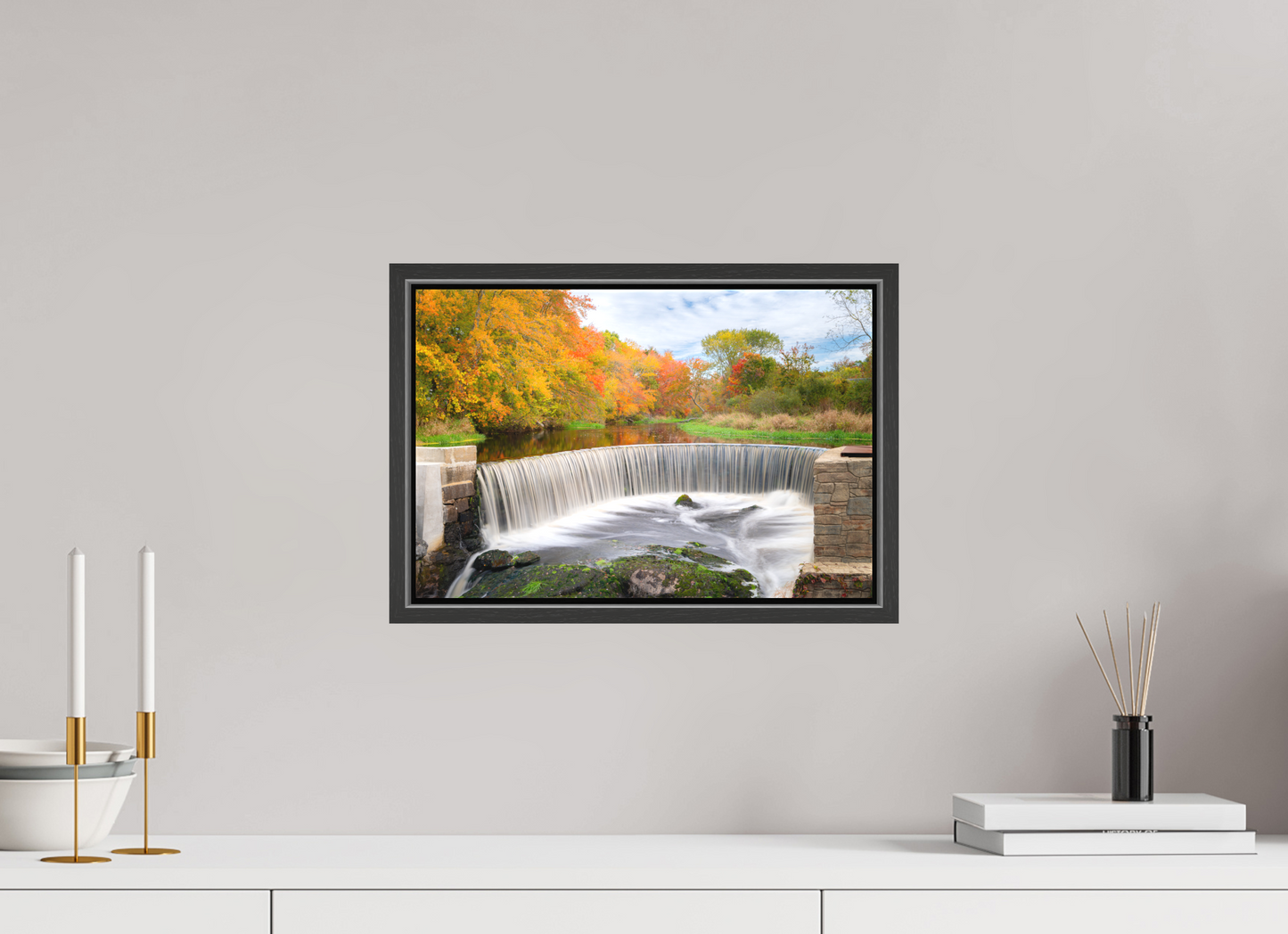 15 x 10″, Matte Canvas Print with Black Wood Floater Frame Autumn at Horseshoe Falls