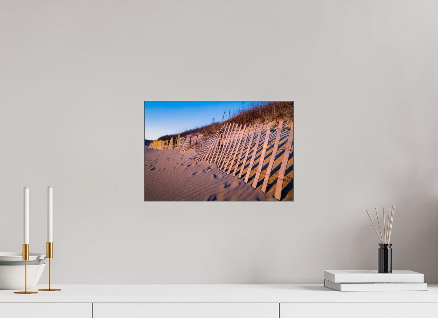 15 x 10″, Photo Print under Acrylic Glass with Black Slimline Case Sunset Glow on Sand Hill Cove Dunes