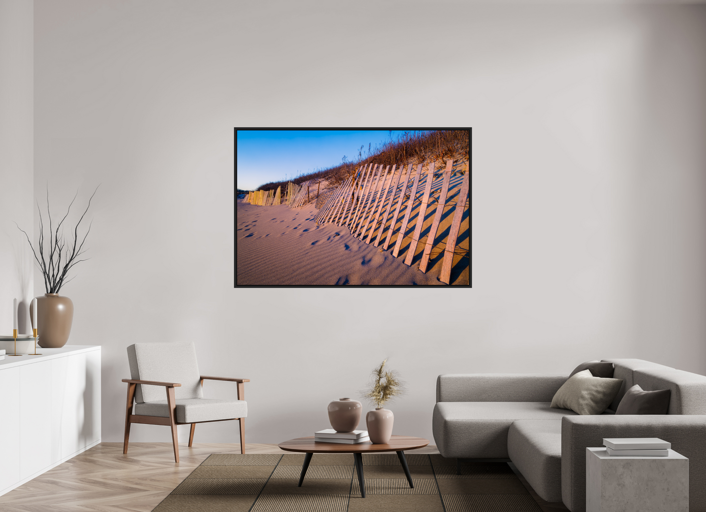 66 x 44″, Photo Print under Acrylic Glass with Black Wood Floater Frame Sunset Glow on Sand Hill Cove Dunes