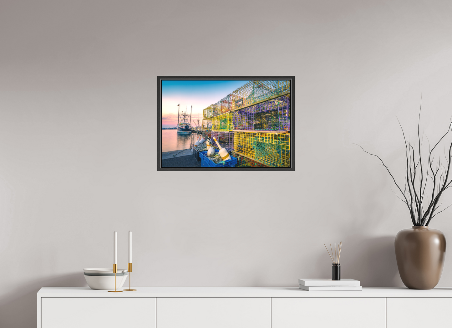 24 x 16″, Matte Canvas Print with Black Wood Floater Frame A Wall of Colorful Lobster Pots