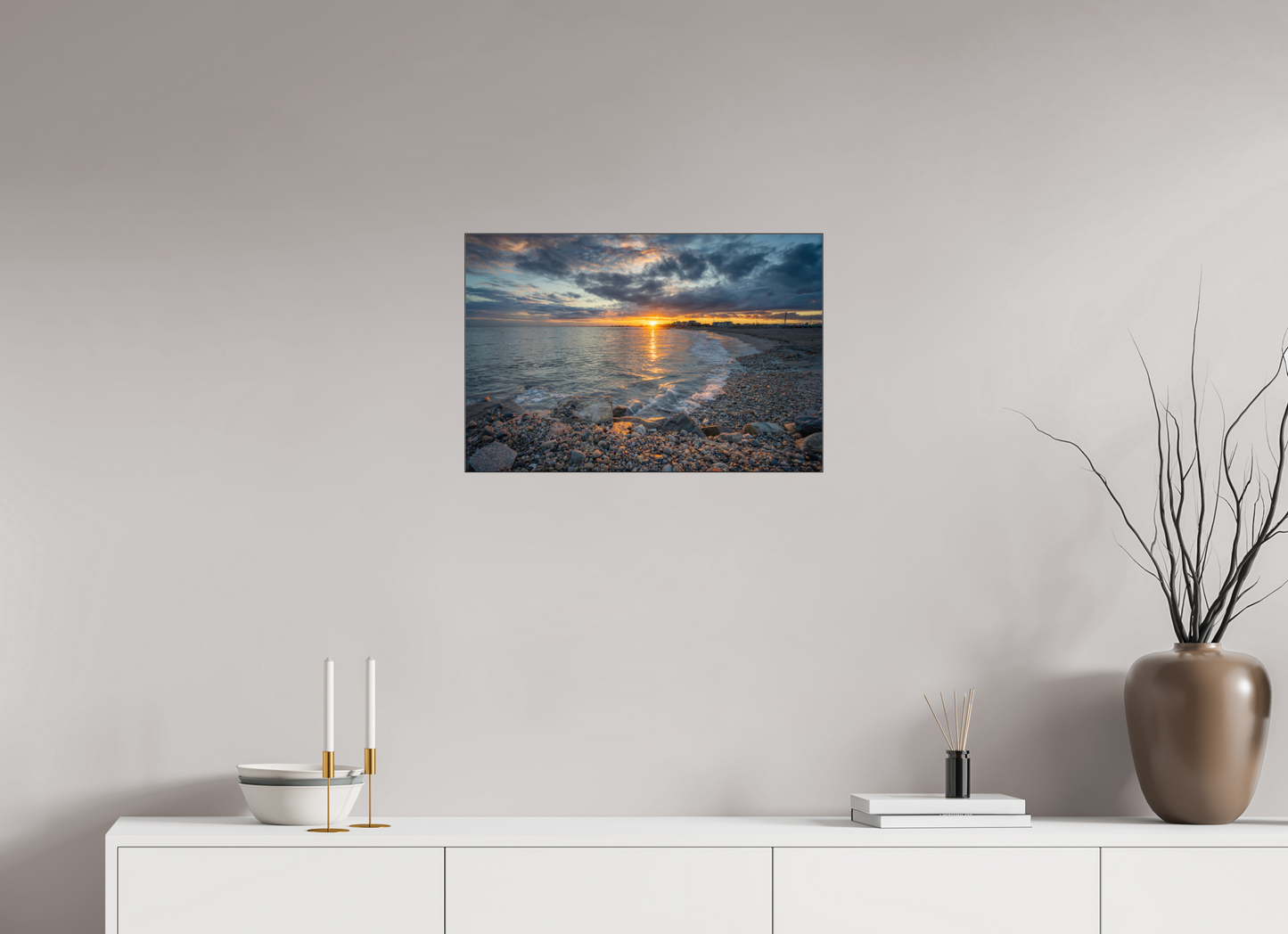 24 x 16″, Premium Photo Print under Acrylic Glass with Black Slimline Case Roger Wheeler State Beach Sunset
