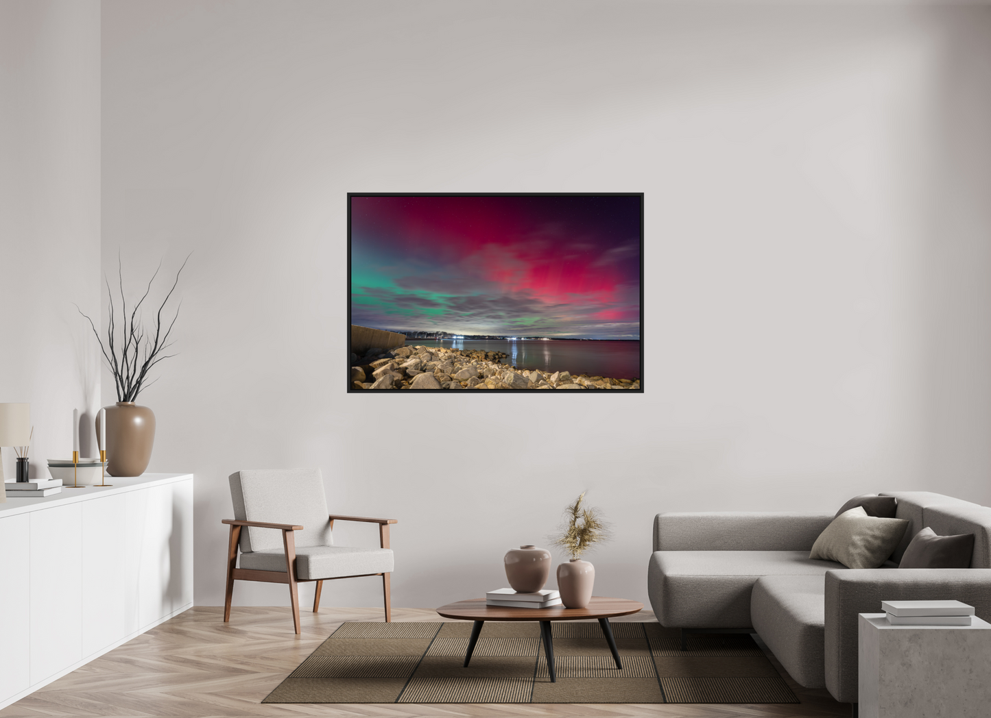 60 x 40″, Premium Photo Print under Acrylic Glass with Black Wood Floater Frame The Aurora Borealis over Narragansett Beach